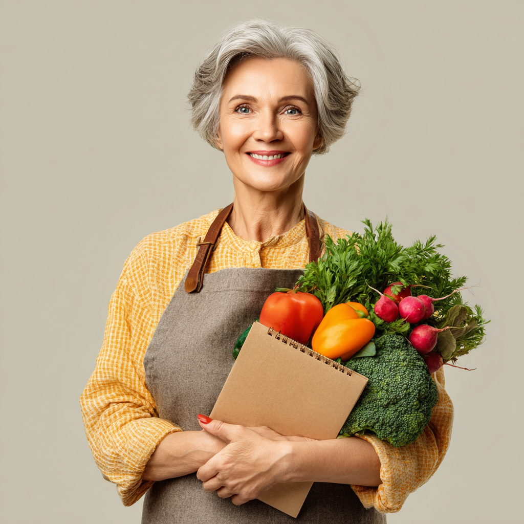 Smiling middle-aged Ukrainian woman preparing fresh colorful vegetables in a bright modern kitchen, representing healthy meal planning and nutrition