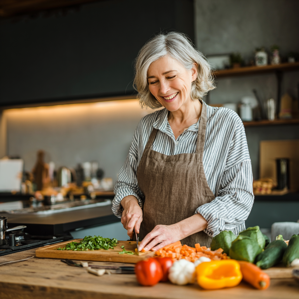 Elderly Ukrainian couple smiling while examining colorful fresh fruits and vegetables at a local market, showcasing the principle of color balance in nutrition